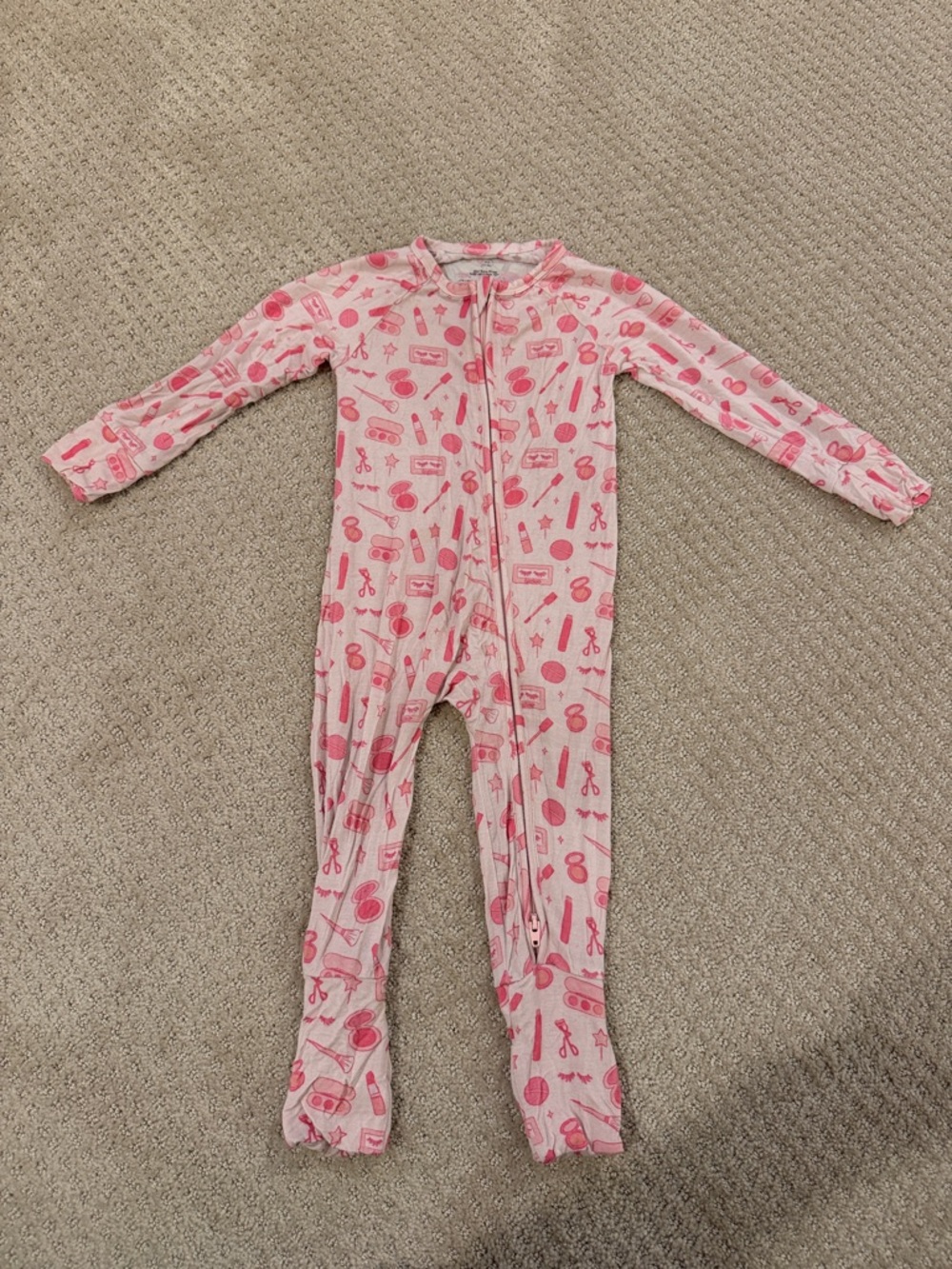 Girls Pink make up-Print Footed One-Piece Pajamas